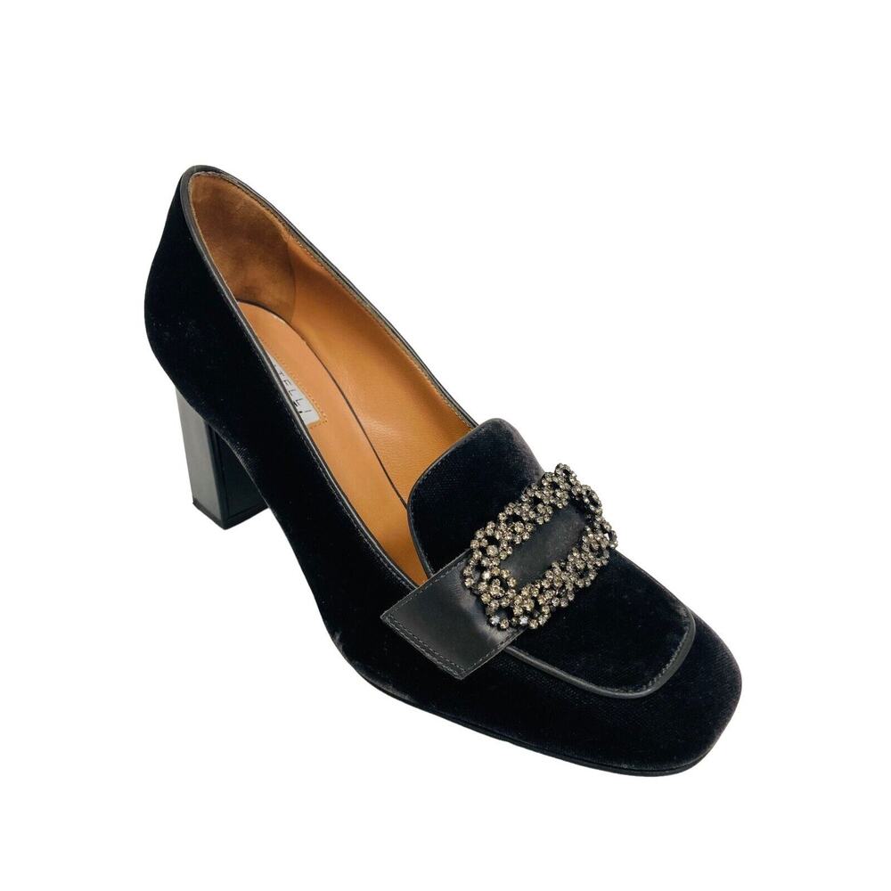 FRATELLI ROSSETTI Gray Velvet Rhinestone Accent Square Toe Block Heel Pumps 36.5